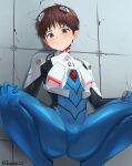  1boy blue_eyes blush brown_hair grin highres ikari_shinji interface_headset jjw1029 looking_at_viewer male_focus neon_genesis_evangelion plugsuit smile solo squatting twitter_username wall 