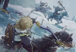  3boys arrow_(projectile) blonde_hair bokoblin bow_(weapon) byuub club_(weapon) fog from_behind gloves holding holding_weapon horns horse link male_focus medium_hair multiple_boys open_mouth pointy_ears riding scenery shield single_horn sky snow the_legend_of_zelda the_legend_of_zelda:_breath_of_the_wild tree weapon 