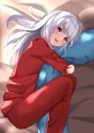  1girl :d bangs bed_sheet commentary_request dakimakura_(object) eyebrows_visible_through_hair feet_out_of_frame kogyokuapple long_hair long_sleeves looking_at_viewer lying object_hug on_side original pajamas pants pillow pillow_hug red_eyes red_pajamas red_pants red_shirt shirt silver_hair smile solo 