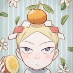  1boy bangs blonde_hair blush closed_mouth commentary_request daida flower food food_on_head fruit fruit_on_head grey_eyes holding leaf looking_up male_focus nikomi_(nikomix) object_on_head orange_(fruit) ousama_ranking parted_bangs portrait short_hair solo white_flower 