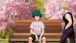  2boys bakugou_katsuki bangs bench black_tank_top blonde_hair blush boku_no_hero_academia closed_eyes freckles gloves green_hair hetero highres looking_at_viewer male_focus midoriya_izuku multiple_boys open_mouth scar seoltang_(nitro_sugar) shirt short_hair shorts simple_background sleeping spiky_hair t-shirt tank_top 