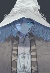  1girl blue_eyes blue_hair closed_mouth cracked_skin dress elden_ring fur_cloak grey_background hat highres long_hair looking_at_viewer mantou_kyn no_nose one_eye_closed ranni_the_witch simple_background smile solo white_dress white_headwear witch_hat 