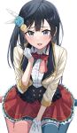  1girl absurdres aftamc asymmetrical_legwear bangs black_hair blue_legwear blush breasts commentary feather_hair_ornament feathers flower gloves grey_eyes hair_flower hair_ornament highres i&#039;ll_protect_your_smile!_(love_live!) large_breasts looking_at_viewer love_live! love_live!_nijigasaki_high_school_idol_club mismatched_legwear pink_legwear sidelocks sitting solo thigh-highs wariza white_background white_gloves yuuki_setsuna_(love_live!) 