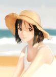  1girl absurdres bangs bare_shoulders beach black_hair blue_sky blurry blurry_background brown_eyes closed_mouth dress expressionless hat highres looking_at_viewer ocean ojay_tkym original outdoors short_hair sitting sky sleeveless sleeveless_dress solo spaghetti_strap straw_hat sun_hat water white_dress 
