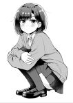  1girl bangs betock closed_mouth crossed_arms expressionless greyscale highres looking_at_viewer monochrome original shoes skirt solo squatting sweater thigh-highs thighs 