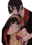  1boy 1girl absurdres black_hair eyeshadow grabbing hand_on_another&#039;s_face highres hoicyo hoozuki_(hoozuki_no_reitetsu) hoozuki_no_reitetsu horns japanese_clothes looking_at_viewer makeup mole mole_under_eye oni_horns peach_maki short_hair 