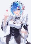  1girl :d absurdres bangs black_ribbon blue_eyes blue_hair bow breasts detached_sleeves eyes_visible_through_hair hair_ornament hair_over_one_eye hair_ribbon heart highres juliet_sleeves long_sleeves looking_at_viewer maid neck_ribbon paw_pose puffy_sleeves re:zero_kara_hajimeru_isekai_seikatsu red_ribbon rem_(re:zero) ribbon short_hair simple_background smile solo teeth upper_teeth werlt white_background x_hair_ornament 