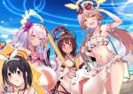  4girls :d absurdres azusa_(blue_archive) beach bikini black_bikini black_hair blue_archive blue_sky blush brown_hair camera closed_mouth clouds cloudy_sky eyewear_on_head frilled_bikini frills halo hifumi_(blue_archive) highres holding holding_camera mashiro_(blue_archive) multiple_girls open_clothes outdoors pink_eyes purple_bikini purple_hair red_eyes seabread sky smile summer_uniform sunglasses swimsuit thumbs_up tsurugi_(blue_archive) twintails white_bikini yellow_eyes 