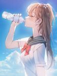  1girl absurdres bangs blue_sailor_collar blue_sky blush bottle bow bowtie brown_hair closed_eyes clouds drinking hand_up highres holding holding_bottle immi_immi long_hair original outdoors red_bow red_bowtie sailor_collar school_uniform serafuku shirt short_sleeves sky solo twintails water_bottle white_shirt 