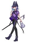  1girl animal_ears animal_hat bag bangs baseball_cap black_headwear black_pants boots fake_animal_ears food full_body hair_between_eyes hand_up hat high_heel_boots high_heels highres holding holding_bag holding_food looking_away original pants plastic_bag popsicle purple_footwear purple_hair purple_shirt red_eyes shirt short_hair short_sleeves simple_background solo tori_(10ri) walking white_background 