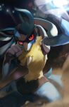 absurdres blurry commentary eye_trail highres legs_apart looking_at_viewer lucario momikacha pokemon pokemon_(creature) red_eyes smoke solo spikes yellow_fur 