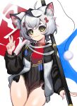  1girl :3 absurdres ahoge animal_ear_fluff animal_ears banner blush cat_ears character_request china_dress chinese_clothes chung1000 closed_mouth copyright_request dress green_eyes grey_hair hand_up highres jacket looking_at_viewer open_clothes open_jacket pelvic_curtain short_hair smile solo w 