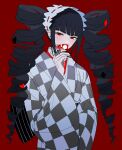  1girl bangs black_hair black_nails card celestia_ludenberg checkered_clothes checkered_kimono danganronpa:_trigger_happy_havoc danganronpa_(series) drill_hair heart highres holding holding_card japanese_clothes kimono long_hair long_sleeves looking_at_viewer nail_polish red_background red_eyes simple_background solo twin_drills twintails upper_body vo1ez wide_sleeves 