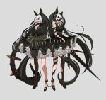  2girls absurdres amano_haruka_(sakogamitokuan) animal_ears animal_skull ankle_cuffs black_hair breasts chain collar dark_souls_(series) dark_souls_ii dress executioner&#039;s_chariot eye_trail glowing glowing_eyes hand_on_own_chest high_heels highres horse_ears horse_girl long_hair long_sleeves mask multiple_girls personification red_eyes simple_background single_leg_pantyhose skull_mask sleeveless sleeveless_dress torn_clothes torn_legwear twintails very_long_hair violet_eyes 