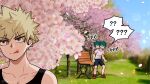  2boys ? ?? bakugou_katsuki bangs bench black_tank_top blonde_hair blush boku_no_hero_academia cherry_blossoms freckles gloves green_hair hetero highres looking_at_viewer male_focus midoriya_izuku multiple_boys open_mouth red_eyes scar seoltang_(nitro_sugar) shirt short_hair shorts simple_background spiky_hair t-shirt tank_top tongue twitter_username 