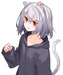  1girl :d animal_ear_fluff animal_ears bangs black_hoodie cat_ears cat_girl cat_tail collarbone eyebrows_behind_hair grey_hair hair_between_eyes hand_up hood hood_down hoodie long_sleeves original puffy_long_sleeves puffy_sleeves red_eyes simple_background sleeves_past_wrists smile solo tail tail_raised tori_(10ri) white_background 