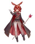  1girl :d animal_ears bangs black_cape black_footwear black_jacket boots bow brown_hair cape crown eyebrows_behind_hair full_body gloves grey_gloves grey_pants hair_between_eyes hair_ornament highres holding holding_staff jacket long_sleeves mini_crown original pants rabbit_ears red_bow red_cape red_eyes simple_background sleeves_past_wrists smile solo staff star_(symbol) star_hair_ornament tori_(10ri) v-shaped_eyebrows white_background 