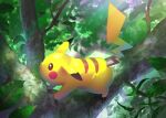  animal_focus branch brown_eyes closed_mouth commentary_request day full_body illustration_room_nagi in_tree leaf looking_up no_humans outdoors pikachu pokemon pokemon_(creature) smile solo tree 