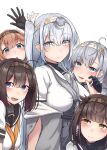  5girls absurdres ahoge akizuki_(kancolle) black_gloves black_headband black_sailor_collar blue_eyes braid brown_hair closed_mouth eyebrows_visible_through_hair fuyutsuki_(kancolle) gloves grey_neckerchief hachimaki hair_between_eyes hatsuzuki_(kancolle) headband highres kantai_collection kiritto long_hair multiple_girls neckerchief one_side_up open_mouth orange_neckerchief sailor_collar school_uniform serafuku short_hair silver_hair simple_background smile suzutsuki_(kancolle) teruzuki_(kancolle) twin_braids white_background white_headwear white_sailor_collar yellow_eyes 