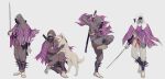  4boys absurdres capelet covered_face dog fighting_stance hakama hakama_pants highres holding holding_sword holding_weapon hug interior_ministry_loneshadow japanese_clothes katana knee_up konghi98 lone_shadow_ninja looking_at_viewer male_focus mask multiple_boys pants purple_capelet sekiro:_shadows_die_twice simple_background striped_capelet sword veil weapon white_background white_pants 