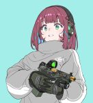 1girl absurdres aqua_background bangs blue_hair gloves green_eyes green_gloves grey_sweater gun headphones highres holding holding_gun holding_weapon long_sleeves multicolored_hair original parted_lips redhead short_hair simple_background solo sweater tac239 upper_body weapon weapon_request 