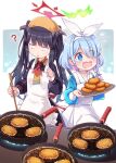  2girls ? apron arona_(blue_archive) bangs black_hair black_shirt blue_archive blue_eyes blue_hair blue_shirt braid choker chopsticks collared_shirt commentary_request cooking eyebrows_visible_through_hair eyes_visible_through_hair food frilled_apron frills frying_pan fuuka_(blue_archive) hair_over_one_eye hair_ribbon halo harada_(sansei_rain) head_scarf highres holding holding_chopsticks horns long_hair long_sleeves multiple_girls open_mouth parted_lips pink_hair pleated_skirt puffy_long_sleeves puffy_sleeves ribbon sailor_collar school_uniform serafuku shirt single_braid skirt sleeves_past_wrists sweat twintails very_long_hair wavy_hair white_apron white_choker white_ribbon white_sailor_collar white_skirt 