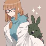  1girl bangs black-framed_eyewear blunt_bangs blush breasts brown_hair closed_mouth coat commentary_request glasses green_sweater grey_background hair_tie half-closed_eyes labcoat long_hair looking_at_viewer off_shoulder oleana_(pokemon) pokemon pokemon:_twilight_wings pokemon_(creature) pokemon_on_back rectangular_eyewear ribbed_sweater rinka_(rinka0912) shiny shiny_hair sparkle sweater trubbish turtleneck turtleneck_sweater white_coat 