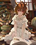  1girl :o agnes_tachyon_(umamusume) ahoge aiha-deko alternate_costume animal_ears barefoot book book_stack bookshelf bow brown_eyes brown_hair commentary_request dress globe hair_bow horse_ears horse_girl horse_tail indoors open_book short_hair signature sitting solo tail umamusume wariza white_dress window 