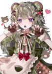  1girl animal_ears apron bangs bear_ears bow brown_gloves dress fingerless_gloves fur-trimmed_gloves fur_trim gloves green_dress green_hair hair_bow highres kusanagi_nene long_hair low-tied_long_hair nail_polish nekomaru_68 paw_pose project_sekai solo violet_eyes white_background 