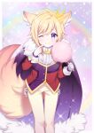 +++_(artist) 1boy ;) animal_ears cape chain commission crown eyebrows_visible_through_hair fox_ears fox_tail fur_trim gloves highres holding light_blush looking_at_viewer male_focus one_eye_closed original pants prince skeb_commission smile solo tail violet_eyes white_gloves 