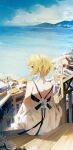  1girl absurdres back bangs blonde_hair commentary_request eyebrows_visible_through_hair eyelashes from_behind genshin_impact hair_ornament highres looking_to_the_side lumine_(genshin_impact) mountain ocean short_hair sitting sitting_on_stairs sky solo solo_focus stairs swkl:d yellow_eyes 