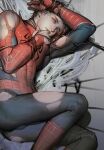  1boy bodysuit bound bound_arms bound_wrists brown_hair highres liduke looking_at_viewer male_focus marvel peter_parker restrained solo spider-man spider-man_(series) torn_bodysuit torn_clothes 