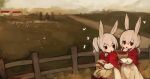  2girls albino animal_ears bug butterfly cape dress eating fence field highres house long_hair matching_outfit multiple_girls original outdoors ponytail rabbit_ears rabbit_girl red_cape red_eyes shirokujira twintails white_butterfly white_dress white_hair 