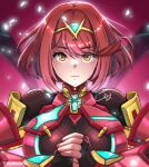  1girl alternate_eye_color bangs black_gloves bob_cut breasts closed_mouth earrings fingerless_gloves gloves glowing highres jewelry looking_at_viewer meowyin pyra_(xenoblade) red_background redhead short_hair solo tiara xenoblade_chronicles_(series) xenoblade_chronicles_2 yellow_eyes 