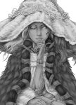  1girl closed_mouth cracked_skin doll_joints dress elden_ring extra_arms fur_cloak greyscale hat joints long_hair looking_at_viewer monochrome ranni_the_witch simple_background solo white_background witch_hat 