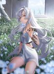 1girl absurdres atara_yoruki bangs barefoot branch breasts brown_eyes day flower grass highres holding holding_flower long_hair looking_at_viewer original parted_lips signature sitting small_breasts solo thighs very_long_hair white_hair 