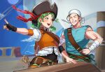  1boy 1girl belt blue_shirt braid dart_(fire_emblem) do-rag fingerless_gloves fire_emblem fire_emblem:_the_blazing_blade gloves green_eyes green_hair grin hat headband highres looking_at_another misokatsuhaumai muscular muscular_male orange_vest pirate pirate_hat rebecca_(fire_emblem) red_headband ship shirt smile twin_braids vest watercraft white_headwear 