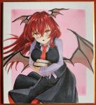  1girl :o bat_wings black_skirt black_vest blush book book_hug border breasts collared_shirt commentary_request cowboy_shot dress_shirt fang hair_between_eyes head_wings holding holding_book koakuma large_breasts leaning_forward long_hair long_sleeves looking_at_viewer low_wings marker_(medium) nail_polish necktie object_hug pink_background pointy_ears red_eyes red_necktie redhead shikishi shirt sidelocks simple_background skirt skirt_set slit_pupils solo touhou traditional_media vest white_border white_shirt wings yuuma-nii 