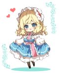  1girl alice_margatroid blonde_hair blue_dress blue_eyes blush clothes_lift dress dress_lift eyebrows_visible_through_hair frilled_dress frills full_body hairband heart lifted_by_self lolita_hairband long_sleeves open_mouth piyokichi red_hairband short_hair smile solo touhou white_background 