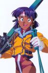  1990s_(style) 1girl aqua_eyes bangs black_hair cosplay dark-skinned_female dark_skin earrings fushigi_no_umi_no_nadia gloves headband highres holding hoop_earrings jacket jewelry leotard nadia_la_arwall non-web_source official_art open_mouth retro_artstyle scan short_hair simple_background ski_gear ski_pole skis solo takaya_noriko takaya_noriko_(cosplay) top_wo_nerae! white_background 