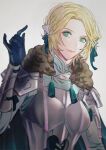  1girl amu_(nsk0) armor black_gloves blonde_hair breastplate closed_mouth commentary english_commentary fire_emblem fire_emblem:_three_houses fur_collar gloves green_eyes grey_background hair_ornament ingrid_brandl_galatea lips looking_at_viewer pink_lips short_hair shoulder_armor simple_background smile solo upper_body 