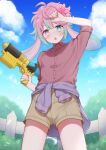  +++_(artist) 1boy :o animal_ears arm_up blue_sky blush buttons clouds commission flower green_eyes green_hair gun hair_flower hair_ornament heterochromia highres holding holding_gun holding_weapon looking_at_viewer looking_down male_focus multicolored_hair nose_blush open_mouth pink_eyes pink_hair rabbit_boy rabbit_ears shirt shorts skeb_commission sky solo water_gun weapon 