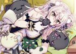  1girl ahoge animal_ears bangs bare_shoulders blush breasts buttersea couch ear_piercing eyebrows_visible_through_hair grey_eyes grey_hair hair_between_eyes hololive idol_clothes large_breasts lion_ears lion_girl long_hair looking_at_viewer lying messy_hair on_couch on_side open_mouth piercing shishiro_botan sidelocks solo ssrb two_side_up virtual_youtuber 