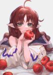  1girl absurdres ahegao apple arknights bangs bare_shoulders blush chinese_commentary commentary_request dawnje ear_piercing eyebrows_visible_through_hair food fruit green_eyes highres holding holding_food holding_fruit jacket long_hair long_sleeves looking_at_viewer lying myrtle_(arknights) off_shoulder on_stomach open_clothes open_jacket parted_bangs piercing pointy_ears redhead solo very_long_hair white_jacket 