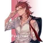  1boy adjusting_eyewear black_jacket closed_mouth collared_shirt glasses granblue_fantasy highres holding holding_clothes holding_jacket holding_necktie jacket jacket_removed looking_at_viewer male_focus minaba_hideo necktie necktie_removed official_alternate_costume official_art percival_(granblue_fantasy) red_eyes redhead shirt short_hair smile solo upper_body white_shirt 