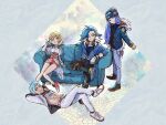  1girl 3boys abs adaman_(pokemon) adapted_costume beanie black_shirt blonde_hair blue_footwear blue_hair blue_jacket chain clothes_lift collar commentary contemporary couch crossed_legs english_commentary facial_hair gaeric_(pokemon) go-lurk green_hair hat head_tilt hood hood_down hooded_jacket irida_(pokemon) jacket melli_(pokemon) multicolored_hair multiple_boys open_clothes open_jacket pants partially_unzipped pokemon pokemon_(game) pokemon_legends:_arceus purple_hair shirt shirt_lift shoes short_hair sitting standing toned white_footwear white_pants 
