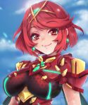  1girl bangs blue_sky bob_cut breasts closed_mouth clouds cloudy_sky earrings highres jewelry looking_at_viewer meowyin outdoors pyra_(xenoblade) red_eyes red_shirt redhead shirt short_hair short_sleeves sky smile tiara xenoblade_chronicles_(series) xenoblade_chronicles_2 