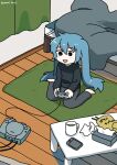 1girl :d bed black_eyes blue_hair game_console hatsune_miku indoors long_hair playing_games playstation sitting smile solo table tea tissue_box twintails vocaloid wariza yomoi_nui 