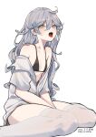  1girl :o absurdres ahoge bare_shoulders between_legs bikini black_bikini breasts grey_hair grey_shirt highres long_hair looking_at_viewer messy_hair mimelond no_pants off_shoulder open_mouth original shirt short_sleeves simple_background sitting small_breasts solo string_bikini swimsuit thigh-highs thighs tongue tongue_out wariza white_background white_legwear yellow_eyes 