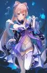  1girl absurdres bangs bare_shoulders blunt_bangs bow bowtie fish frilled_sleeves frills genshin_impact gloves hair_ornament highres jellyfish midriff mizo navel open_mouth sangonomiya_kokomi shorts smile thigh-highs underwater water_drop white_gloves white_legwear white_shorts wide_sleeves 